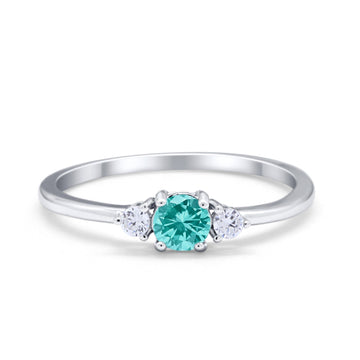 Three Stone Engagement Ring Round Simulated Paraiba Tourmaline CZ 925 Sterling Silver